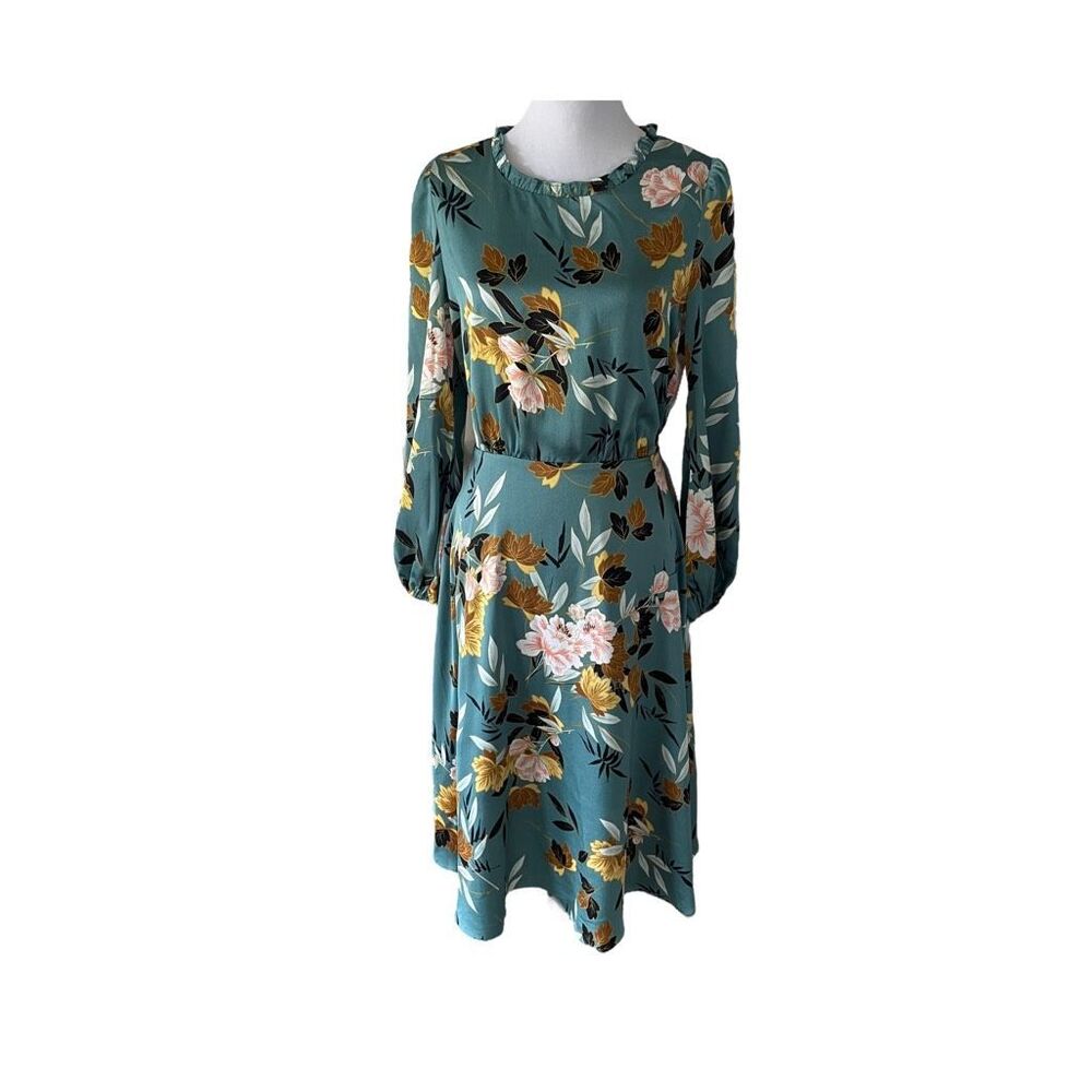 Chelsea28 Long Sleeve Floral Print Satin Dress Teal size Small